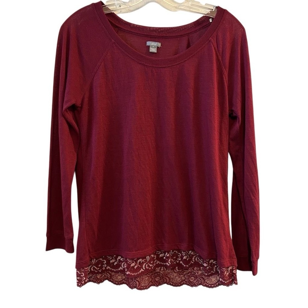 aerie Long Sleeve Scoop Neck Top with Lace Hem - Burgundy